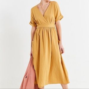 UO Gabrielle Gold Linen Midi Wrap Dress
